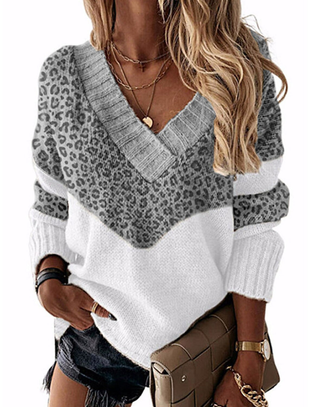 Dame moderigtig V-udskæring pullover med leopardmønster Stilla