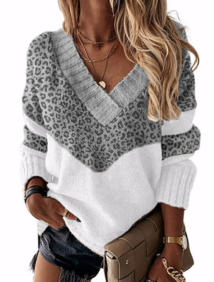 Dame moderigtig V-udskæring pullover med leopardmønster Stilla