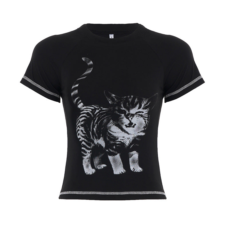 Dame T-shirt med kreativ dyreprint og høj kvalitet bomuldsmateriale Skovae