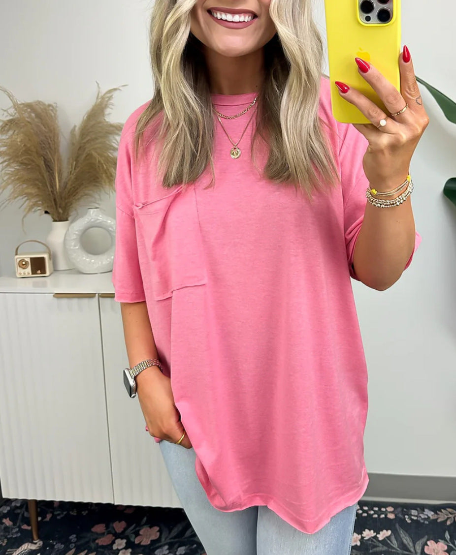 Dame behagelig oversized T-shirt med brystlomme i let stof Stilla