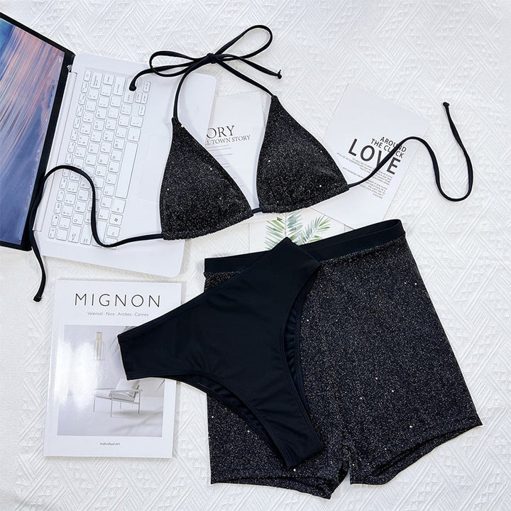 Dame Glinsende Trekant-Bikini-Sæt med matchende højtaljede Shorts Stilla
