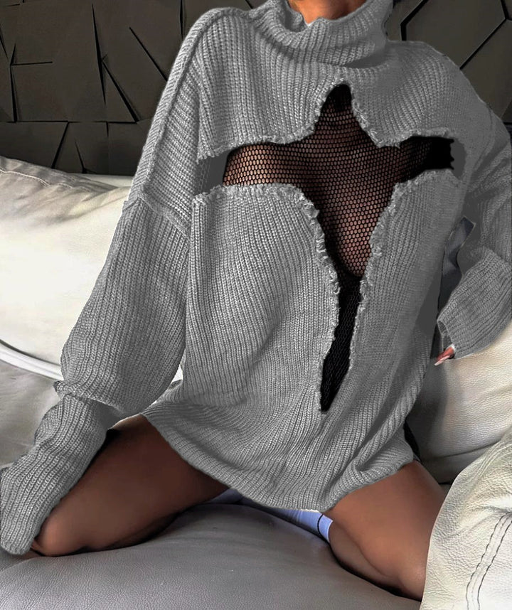 Dame Oversized Strikpullover med spændende Mesh-indsats og ukonventionelt design Stilla