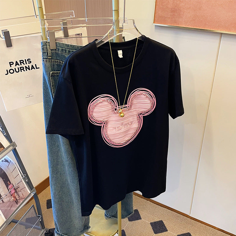 Dame T-shirt med kreativ Mickey Mouse tryk og kvalitets paillettryk Stilla