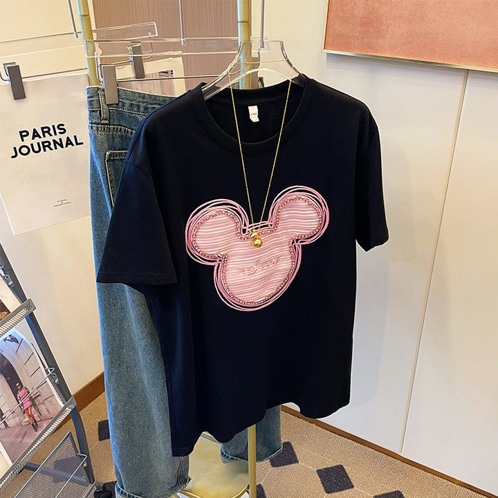 Dame T-shirt med kreativ Mickey Mouse tryk og kvalitets paillettryk Stilla