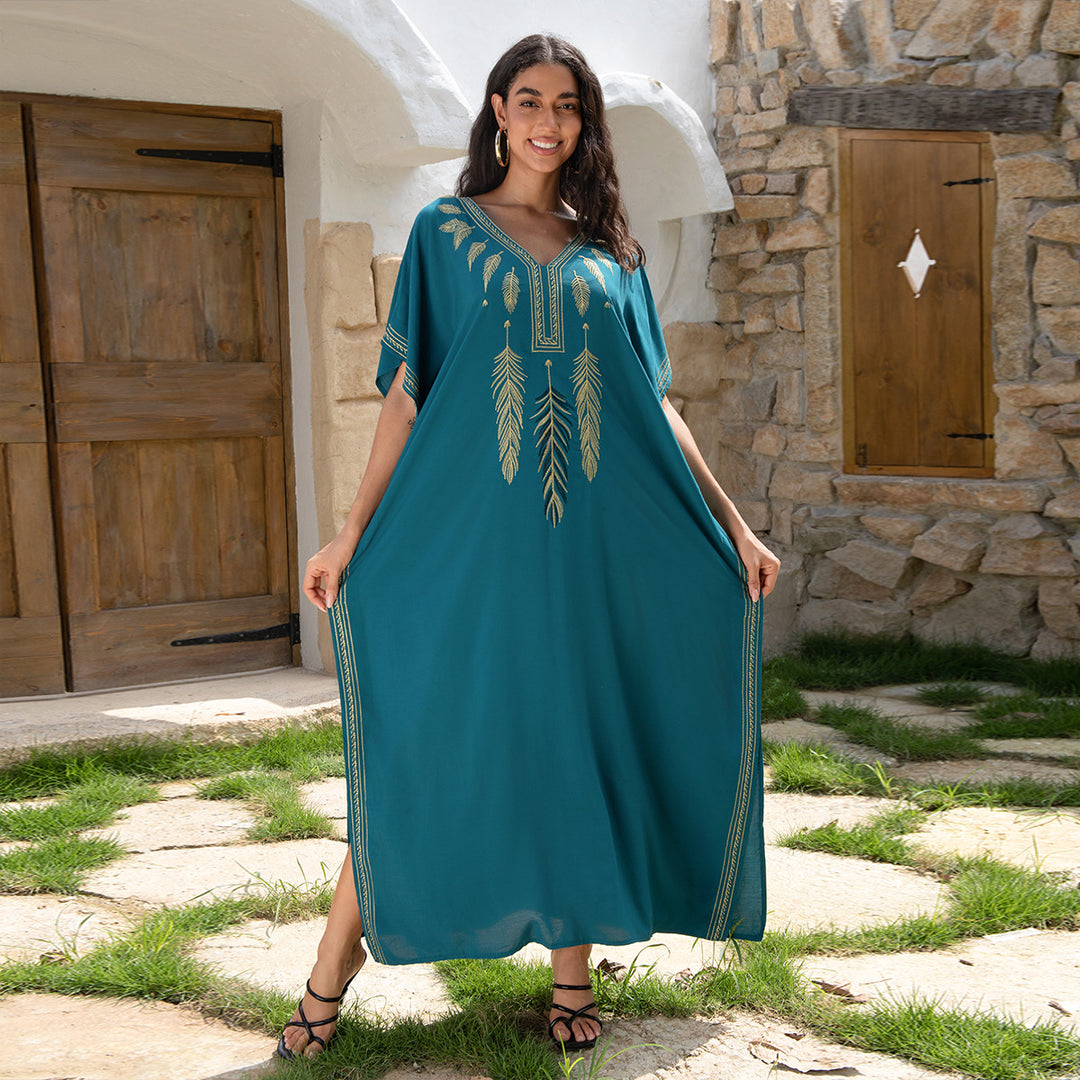 Dame Maxikaftan med kunstnerisk broderi og sidelommer Stilla