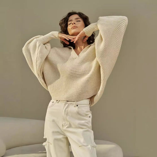 Dame afslappet strikpullover med oversized krave Stilla