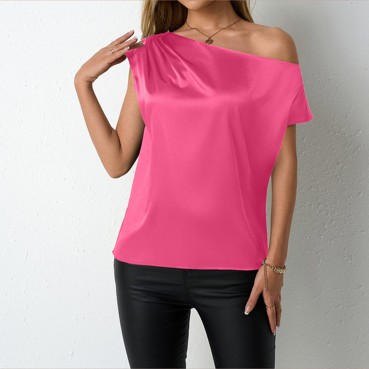 Dame elegant, skulderfri satinbluse med flydende snit Skovae