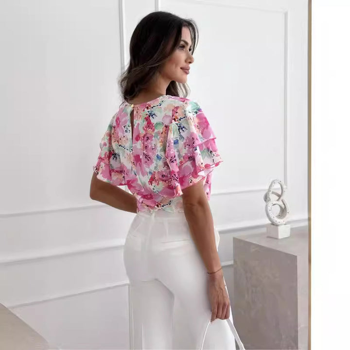 Dame Floral Flæsebluse med påsyede ærmer Stilla