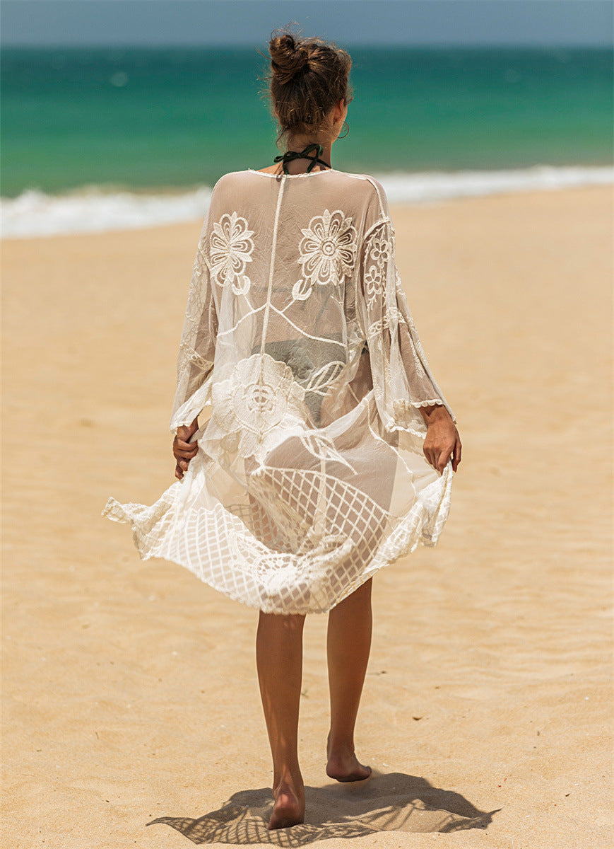 Dame elegant hæklet strandtunika med florale detaljer Skovae