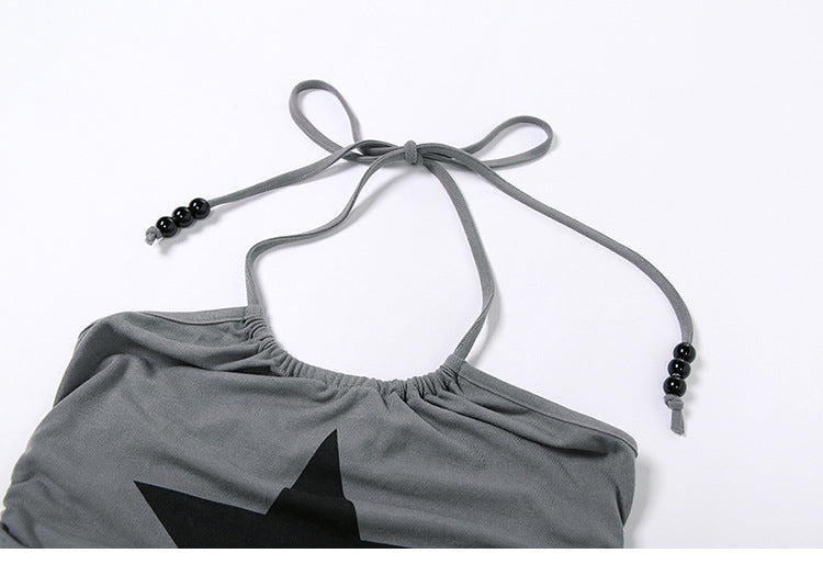 Dame trendy crop top med bindebånd og stjerne motiv Skovae