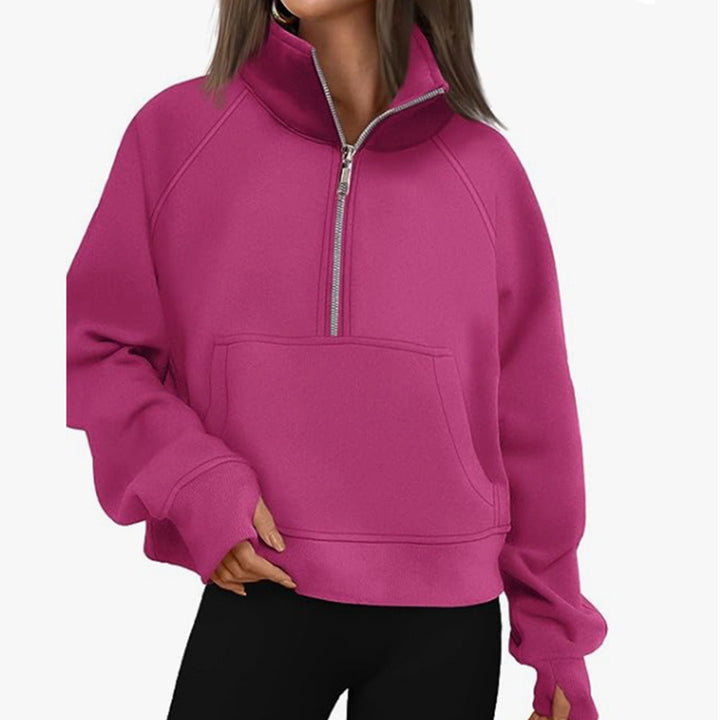 Dame Sporty Sweatpullover med halvdelskning og kængurulomme Stilla