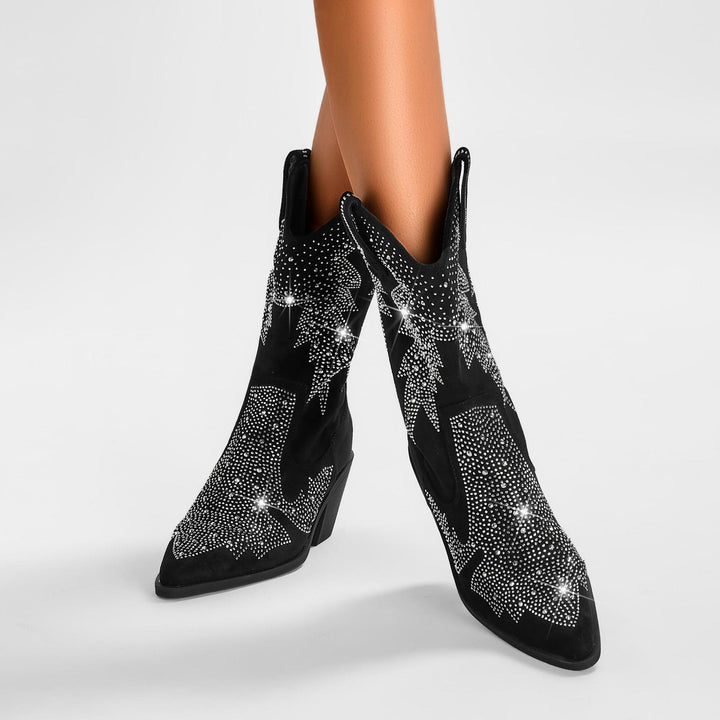 Femme Glinsende Strass-besatte Western Cowboy-Støvler Stilla