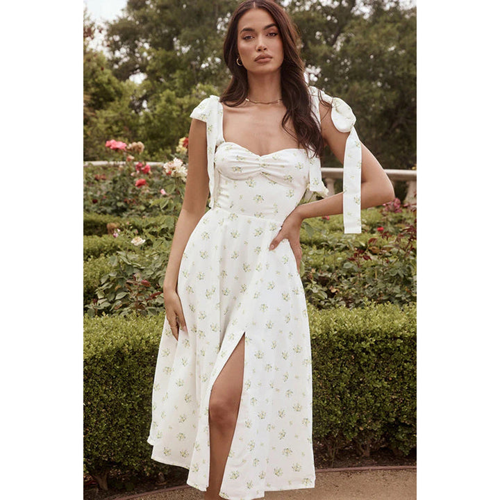 Dame Midi-kjole med søde blomstermønstre og elegante sløjfes sleeves Stilla