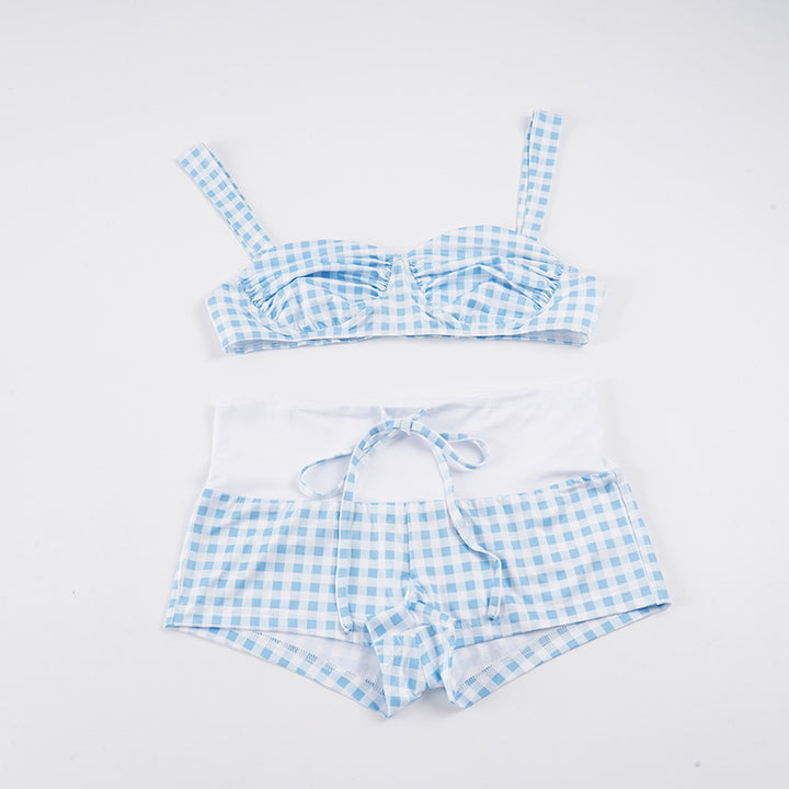 Dame badetøj sæt med ternet top og høj talje shorts Skovae