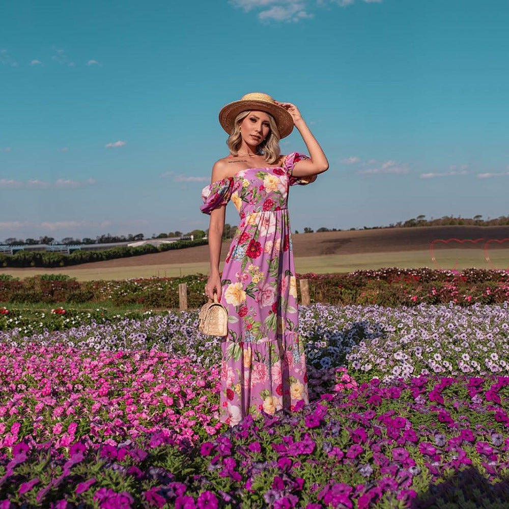 Dame Floral Maxikjole med Puffærmer og skinnende accenter Stilla