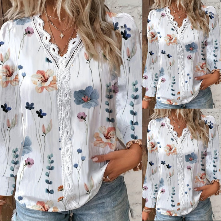 Dame chiffonbluse med blomstermotiv og spidsudsmykninger Stilla