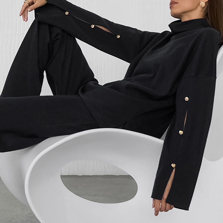 Dame Oversized Sweatshirt og bredbukser sæt med elegante knapdetaljer Stilla
