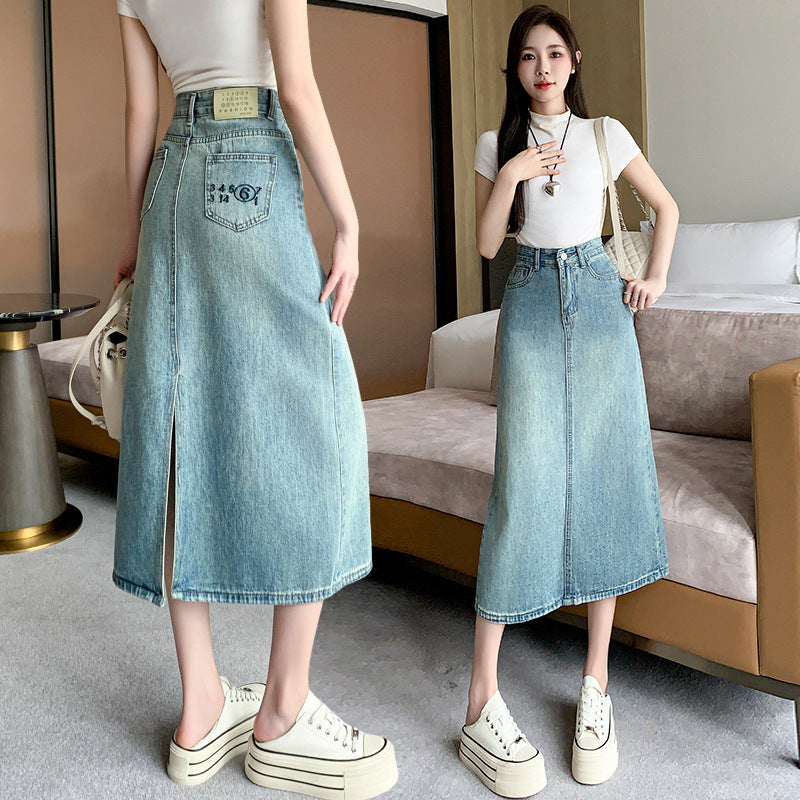 Kvindernes denim maxi nederdel med sideslids Stilla