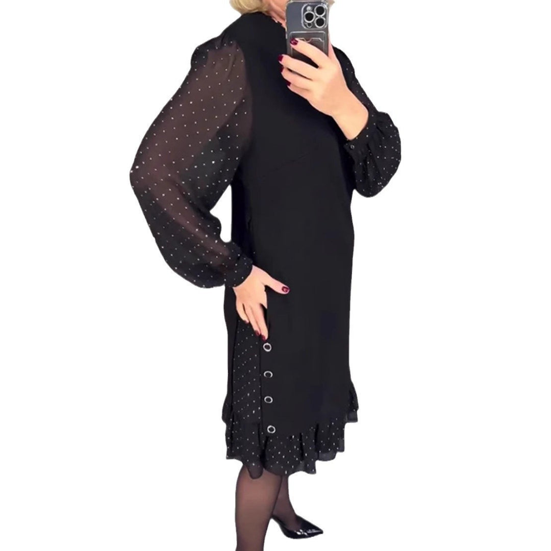 Ladies Elegant Dress with Voluminous Sleeves and Cut-Out Hem Skovae
