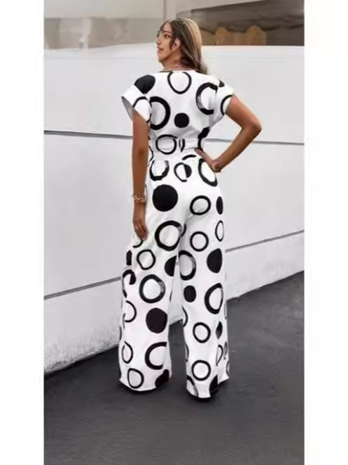 Dame Mode Wide-Leg Jumpsuit med bindebånd og grafisk mønster Stilla