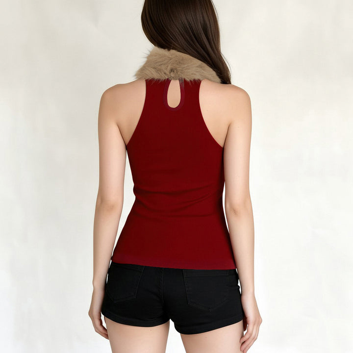 Damen elegantes langes Abendkleid mit raffiniertem Halter-Design und luxuriösem Kunstfellkragen Skovae