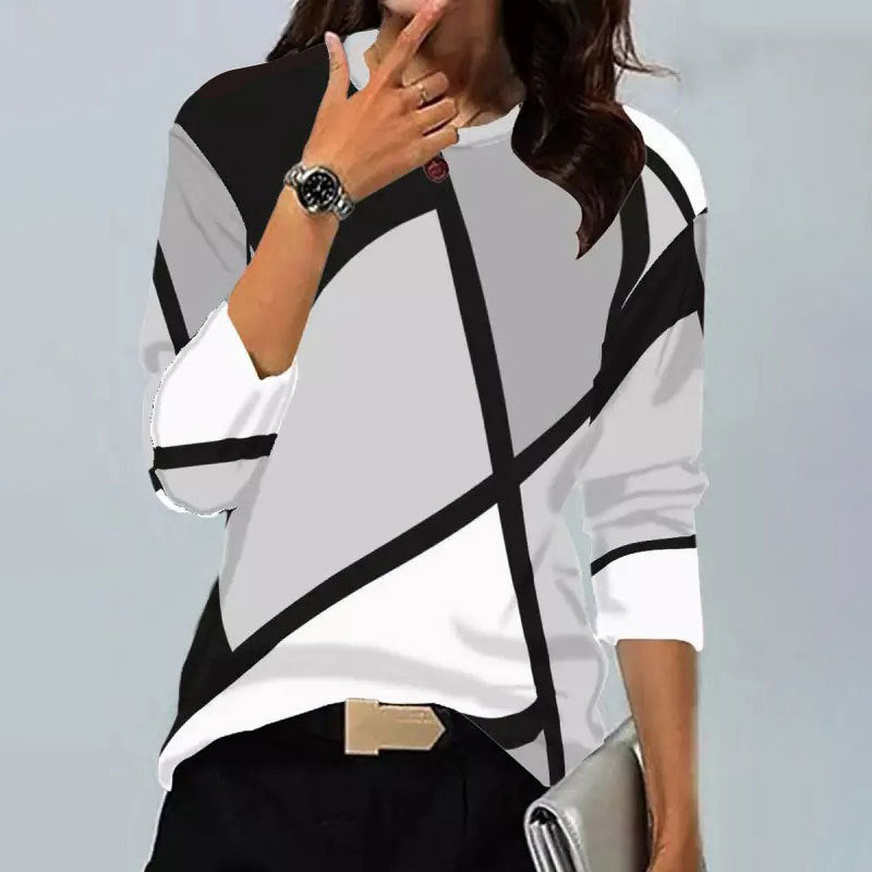 Stilla | Trendy Vintage Geometrisk Print Rund Hals Langærmet T-shirt