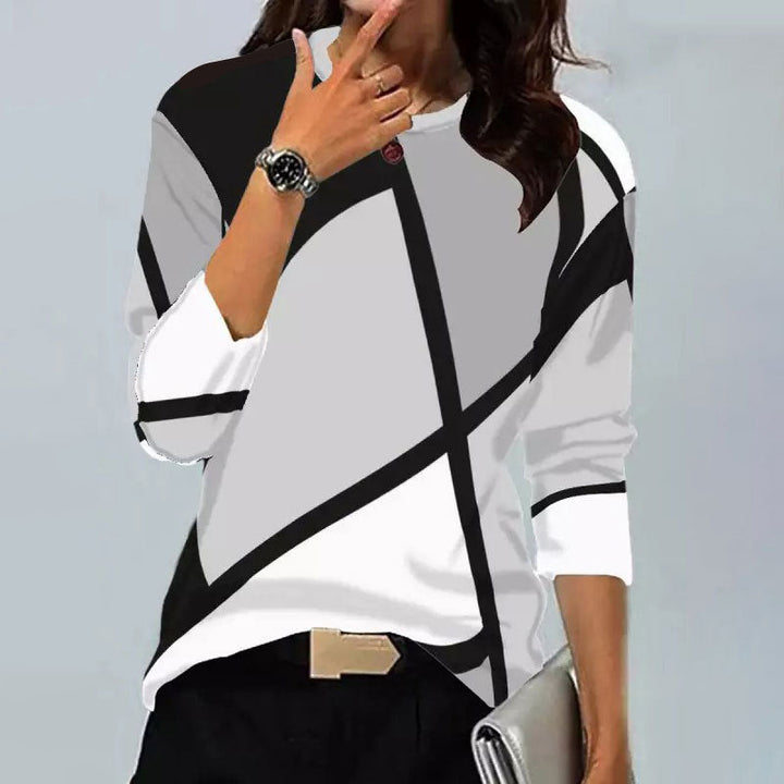 Stilla | Trendy Vintage Geometrisk Print Rund Hals Langærmet T-shirt