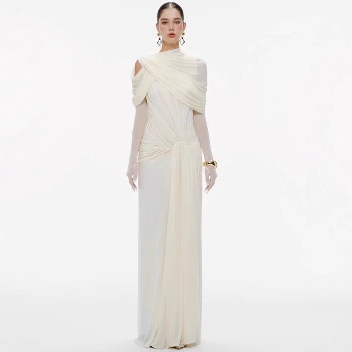 Dame elegant maxikjole med innovative draperingsdetaljer og asymmetrisk overdel Skovae