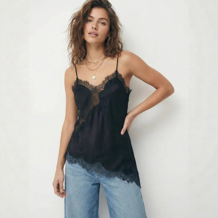 Dame Satin Top med elegant spids og spaghetti stropper Skovae