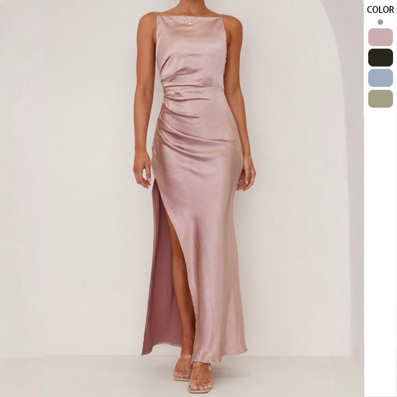 Dames elegante satinv maxi kjole med side slids og smalle stropper