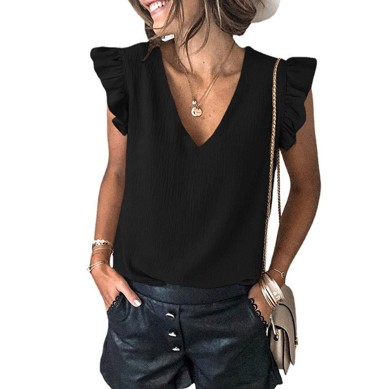 Dame V-halsbluse med volangdetaljer Stiila