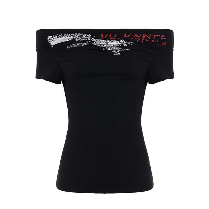 Dame Off-Shoulder T-Shirt med kunstnerisk tryk og tætsiddende pasform Skovae