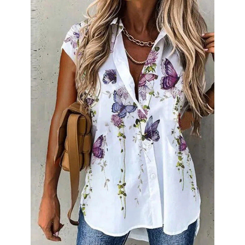 Dame kortærmet bluse med blomsterprint og knapliste Stilla