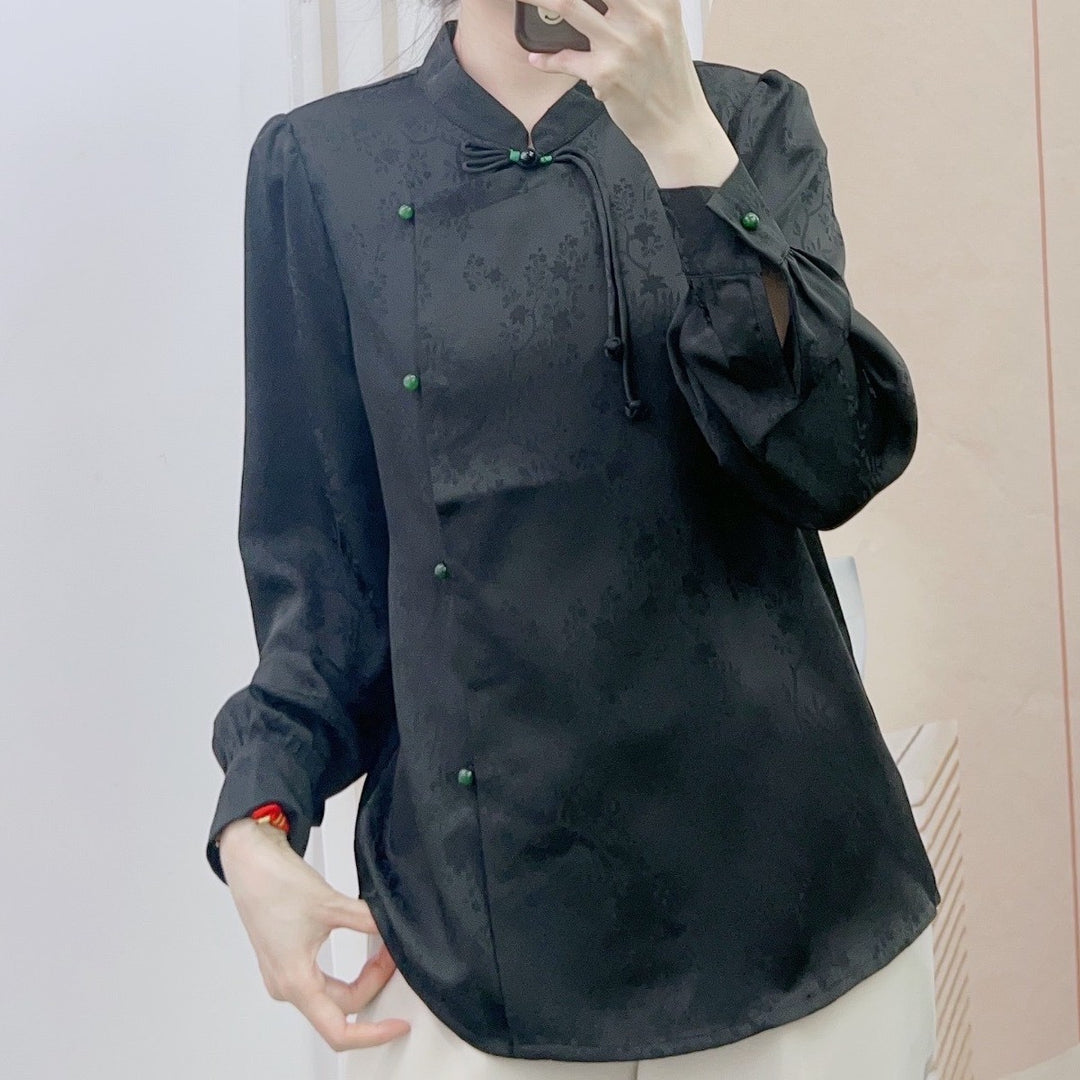 Dame Chique Bluse med asymmetrisk krave og dekorative knapdetaljer Stilla