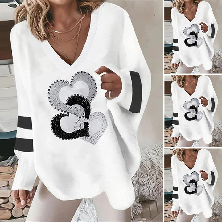 Damer V-hals sweatshirts med glitrende hjerte-motiver Stilla