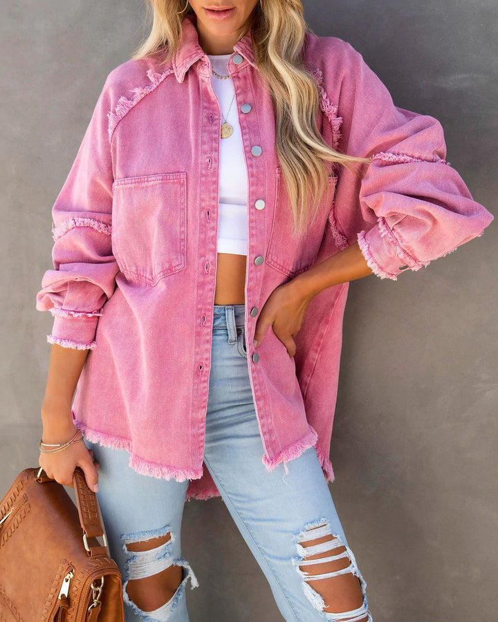 Dame Oversized Denim Skjorte Jakke med Flosset Detalje Stilla