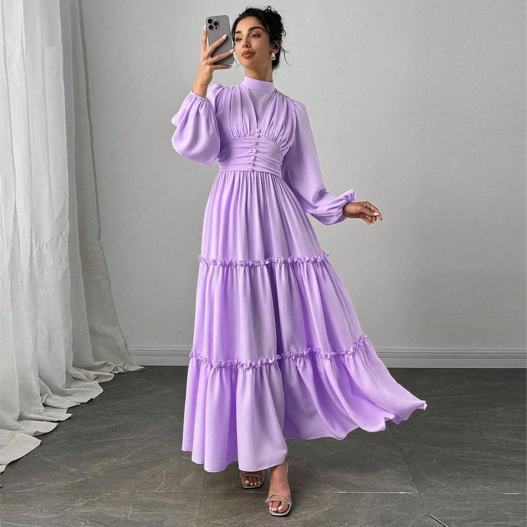 Dame Maxi Kjole med Elegante Volant Detaljer og Samlet Top