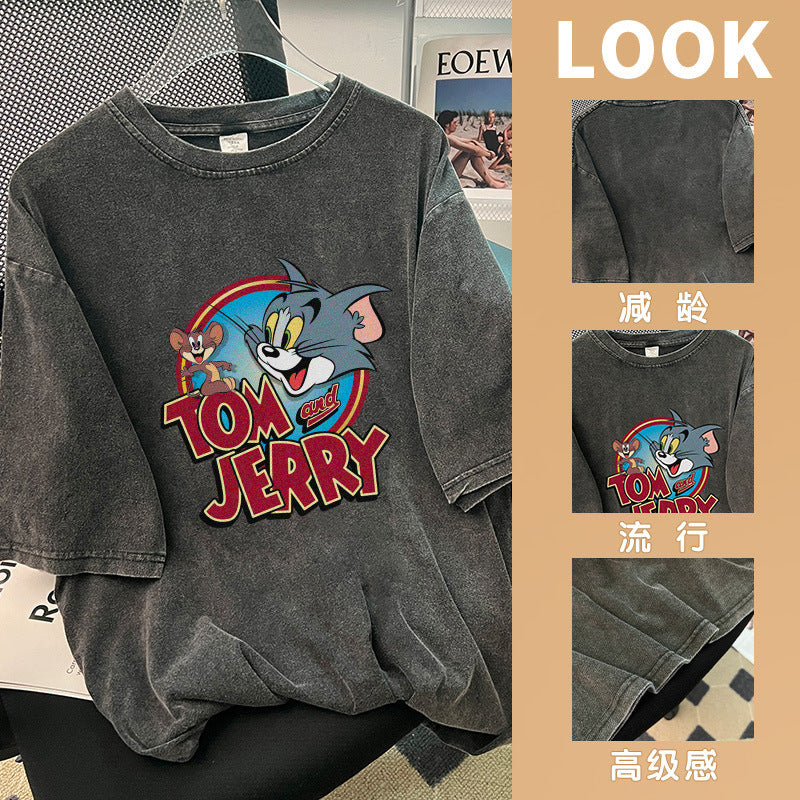 Dame T-shirt med kunstnerisk Tom og Jerry tryk og afslappet snit Stilla