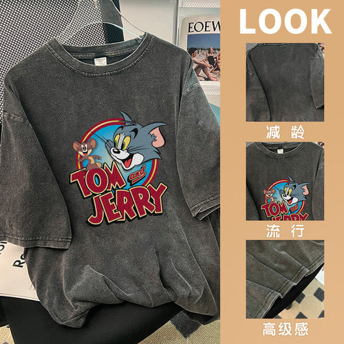 Dame T-shirt med kunstnerisk Tom og Jerry tryk og afslappet snit Stilla