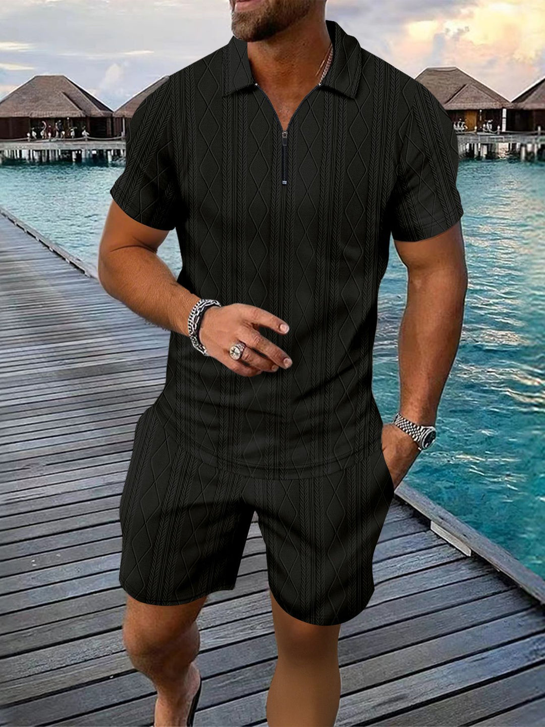 Herre polo-shirt med moderne lynlås og struktureret design Stilla