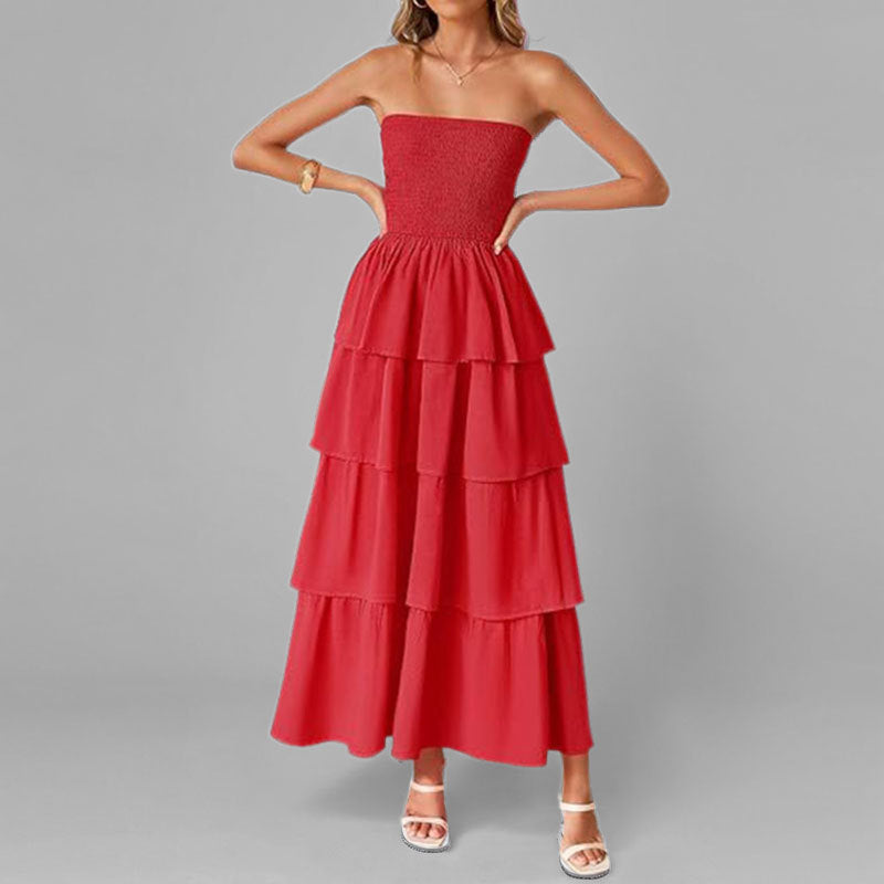 Dame Lang Rynketkjole med off-shoulder design og elastisk overdel Stilla