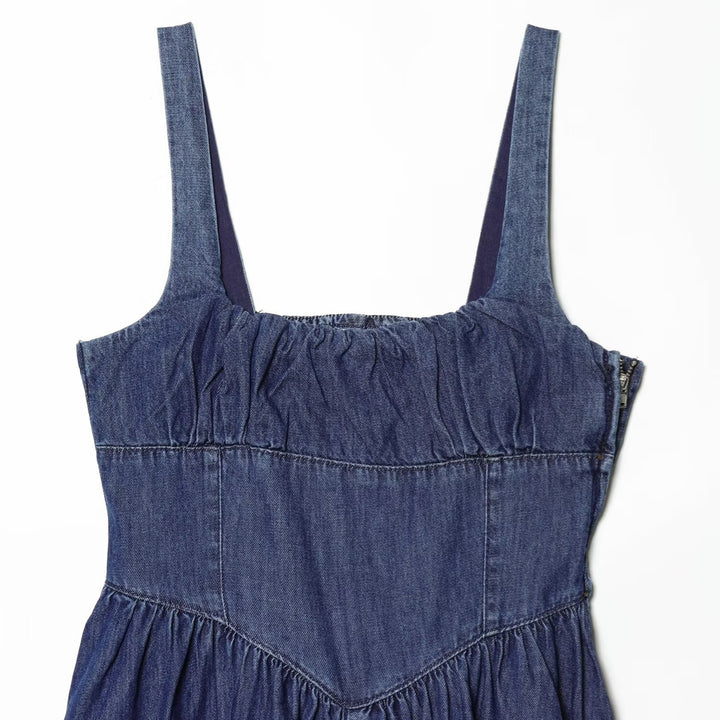 Dame Denim Maxikjole med svingende skørt og justerbare stropper Skovae