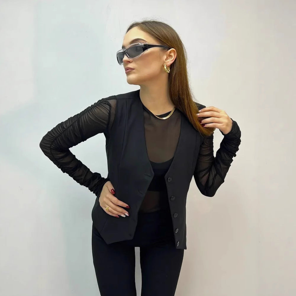 Dame skræddersyet blazer med ruffle-detaljer og transparente ærmer Stilla