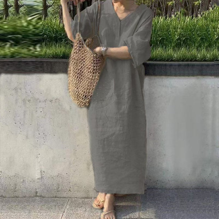 Dame casual hør midi kjole med V-udskæring og brede ærmer Skovae