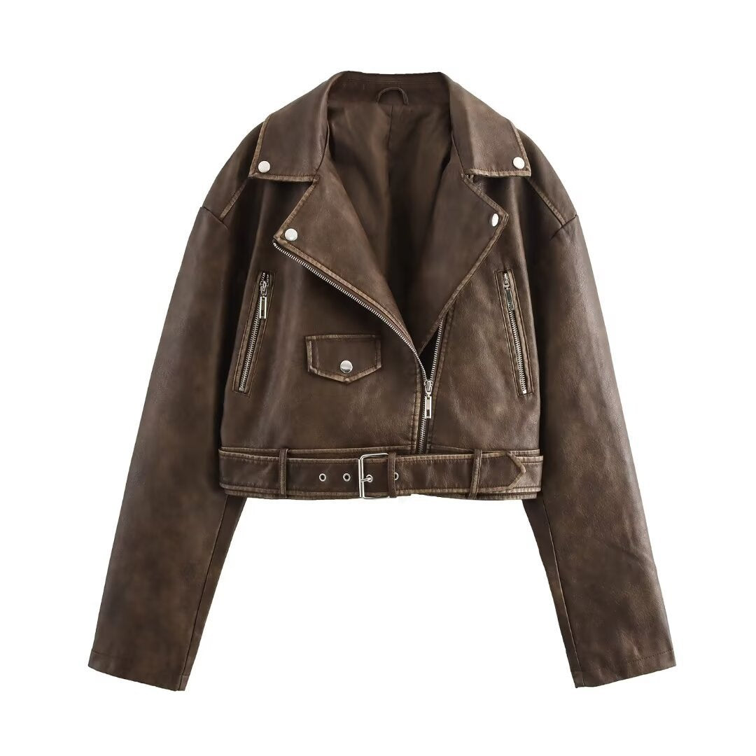 Femme Cropped Bikerjakke med Bælte Detalje Stilla