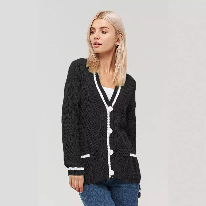 Dame struktureret strik cardigan med kontrastkant Stilla