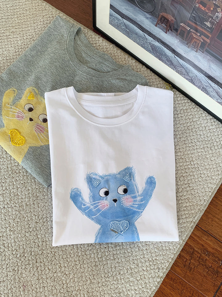 Dame T-shirt med kreativ kattemotiv og afslappet snit Stilla