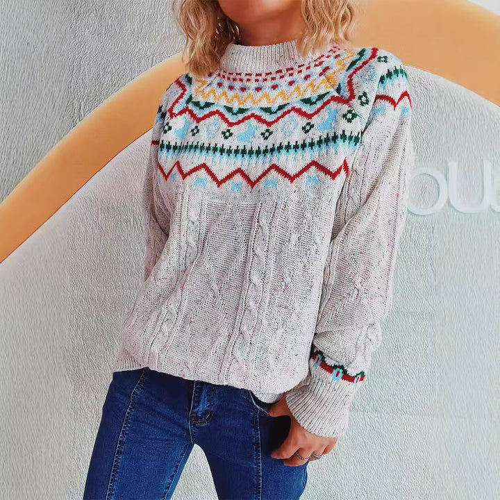 Kvinders strikkede sweater med højhals krave og grafisk design Stilla