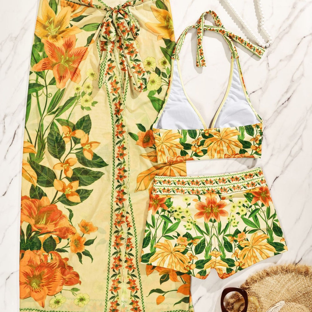 Dame Bikiniset med floral lang overtræk Skovae