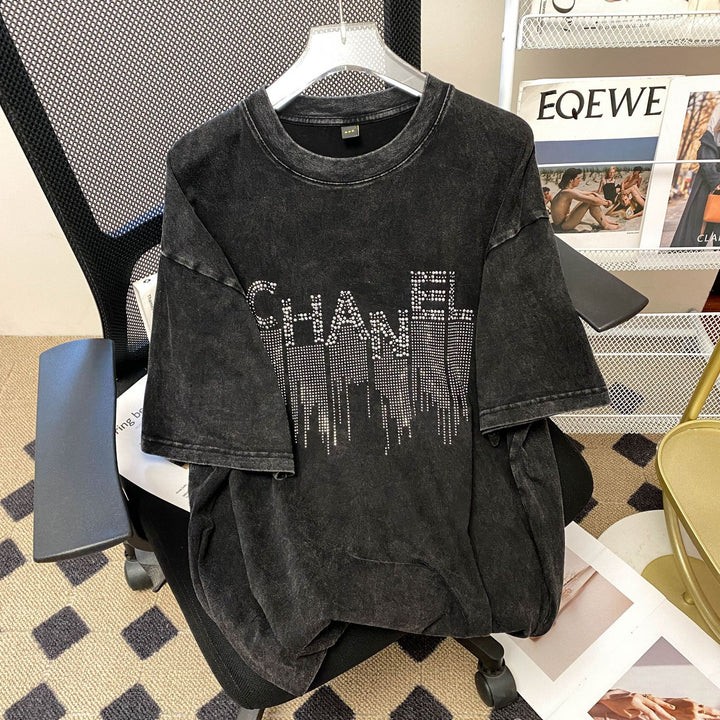 Dame Oversized T-Shirt med strass-applikation Stilla